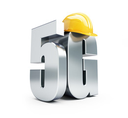 5G sign, 5G construction helmet high speed data wireless connection. 3d Illustrations on white background