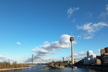 Fototapeta na wymiar Dusseldorf Bridges River Rhine (Germany) and Rhine Tower Media Harbor