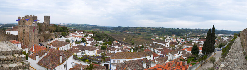 Fototapeta na wymiar Portogallo, 30/03/2012: il castello e le mura della città fortificata di Obidos, con vista sui tetti e i palazzi della Città Vecchia