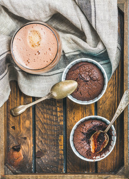 Chocolate Souffle In Individual Baking Cups And Chocolate Mocha Coffee In Wooden Serving Tray, Top View, Copy Space