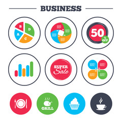 Food icons. Muffin cupcake symbol. Fork, knife.