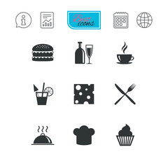 Food, drink icons. Coffee and hamburger signs.