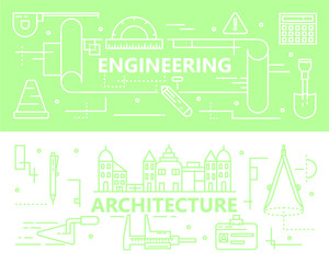 Fototapeta na wymiar Vector set of thin line Engineering and Architecture concept banners