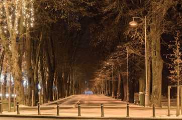 Alley from european city, night winter time, Bucharest Romania