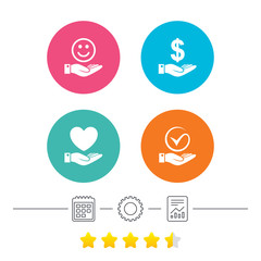 Smile and hand icon. Heart, Tick symbol.