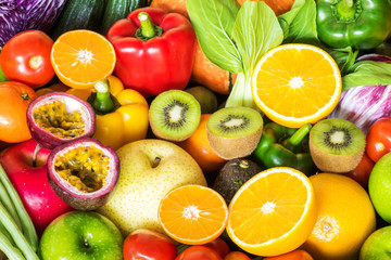 Group of fresh fruits and vegetables for eating healthy
