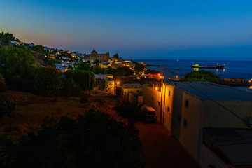 At night Salina with Church Santa Marina in the backgroung, aeol