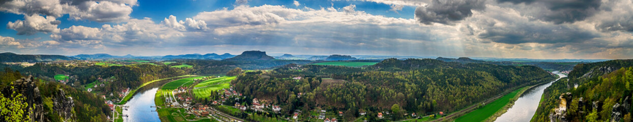View from viewpoint of Bastei in Saxon Switzerland - obrazy, fototapety, plakaty