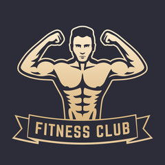 Posing athlete, strong bodybuilder, man showing his biceps, fitness club logo, emblem, gold on dark