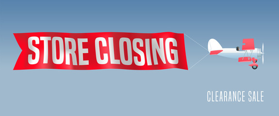 Vector retro biplane with wavy banner for store closing illustration