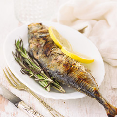 grilled fish with lemon on plate