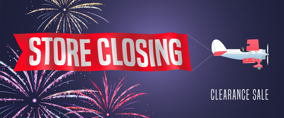 Vintage airplane with store closing banner, vector illustration