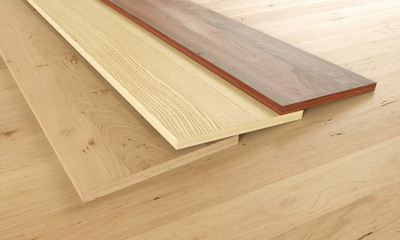 Parquet examples on wooden floor - 3D Rendering