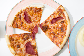 pizza party on pink plate. child birthday party.