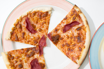 pizza party on pink plate. child birthday party.