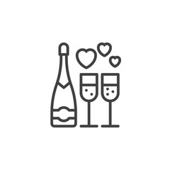 Wine, champagne bottle and wine glass with hearts line icon, outline vector sign, linear pictogram isolated on white. Symbol, logo illustration