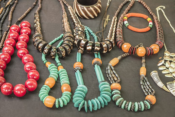 African traditional handmade bright jewelry colorful beads bracelets, necklaces.
