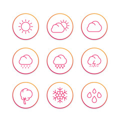 Weather line icons set, forecast elements, sunny, cloudy day, rain, snowflake, hail, snow