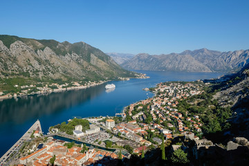 Fototapeta na wymiar Ship sailing into Bay of Kotor, Montenegro
