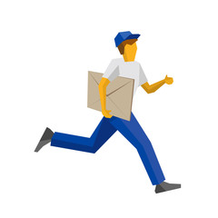 Running delivery man in blue uniform holding big postal envelope. Postal courier bring mail. Simple flat style clip art for infographics.