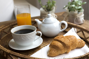 Breakfast Tray, Lifestyle / Tray with coffee, croissant, orange juice and cookie