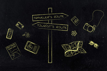 traveler or tourist's route: crosspath road sign and mixed objec