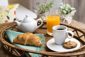 Breakfast Tray, Lifestyle / Tray with coffee, croissant, orange juice and cookie