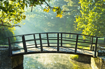 Naklejka premium Little wooden bridge on first sunrays at morning in Topcider park