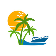 boat travel, island, beach vector logo design