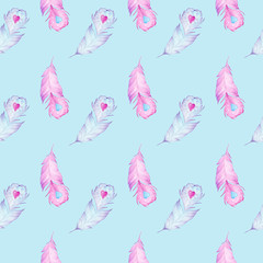Hand drawn watercolor vintage seamless pattern with feathers