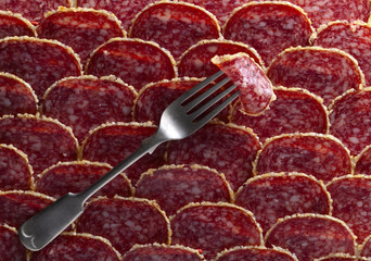 Old fork and salami sausage slices