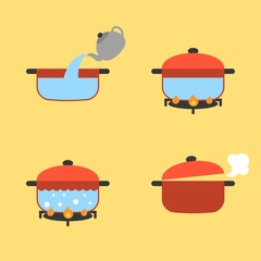 Vector set of info graphic boiling water in pot on fire, flat design