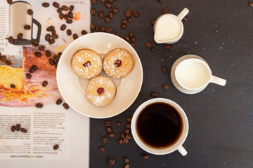 Coffee break. Morning breakfast. Cup of coffee and cookies