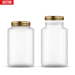 Set of Glass Jars for canning and preserving. Square shape with right angles. With closed and open cover. Vector Illustration isolated on transparent background.