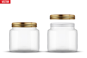 Set of Glass Jars for canning and preserving. Square shape with right angles. With closed and open cover. Vector Illustration isolated on transparent background.