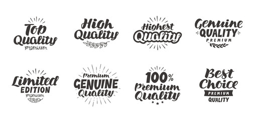 Promo set icons or symbols. Hand-drawn beautiful lettering high quality, premium, best choice, genuine, limited edition, top. Vector illustration