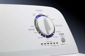 Washing Machine-Select Knob - Clothes washer front panel with a focus on the washer cycle/selector knob. Straight lighting.