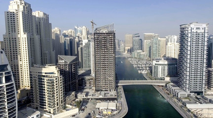 DUBAI - DECEMBER 5, 2016: Aerial view of Dubai Marina skyscraper
