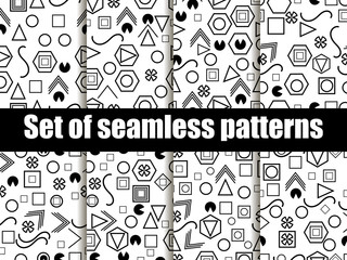 Geometric seamless patterns in the Memphis style. Vector illustration.