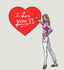 Meisje wijst naar hart met tekst I love you