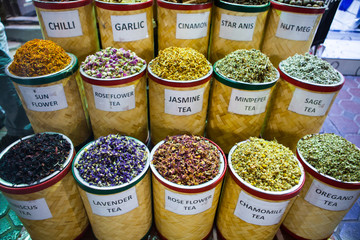  Spices in Spice Market at Souk. Condiments. Spices. Ginger. Cinnsmon