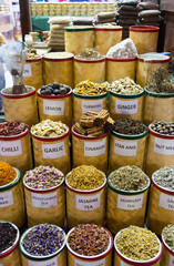  Spices in Spice Market at Souk. Condiments. Spices. Ginger. Cinnsmon