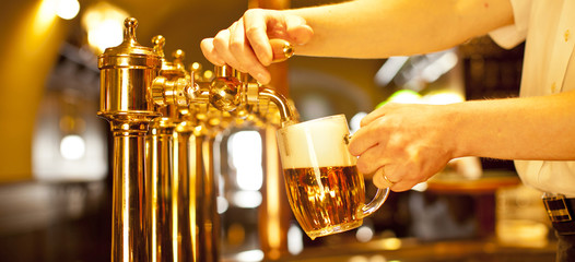 gold beer in the hand and beer taps - obrazy, fototapety, plakaty