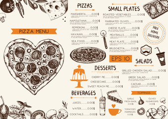 Vintage menu design for cafe or restaurant. Valentine's Day template. Vector background with hand drawn food and drinks sketch  - obrazy, fototapety, plakaty