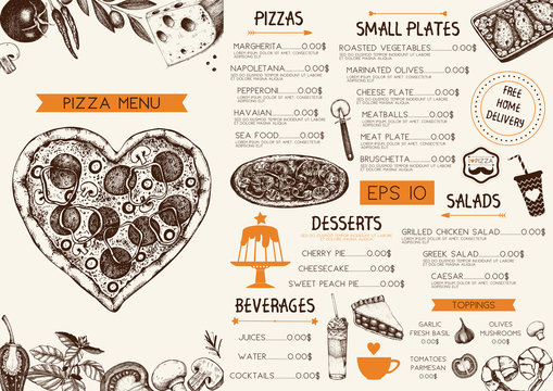 Vintage menu design for cafe or restaurant. Valentine's Day template. Vector background with hand drawn food and drinks sketch 
