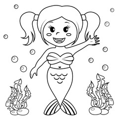 Cute little mermaid. Black and white vector illustration for coloring book 