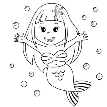 Cute little mermaid. Black and white vector illustration for coloring book 