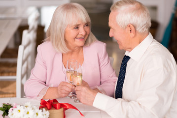 Charming elderly people drinking champagne