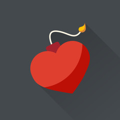 Heart like a bomb. Explosion heart with fire. Danger. Vector illustration. Flat design. Valentine...