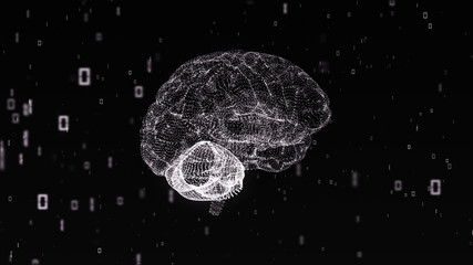 Monochrome digital computer brain 3D render floating in a cloud of numerical information illustrating the concepts of Big Data and artificial intelligence - 132433501
